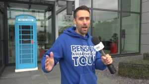 Jonathan Bland from Pension Geeks speaks to camera whilst on the Pension Awareness Day Tour with Scottish Widows