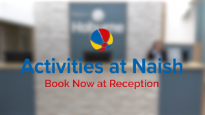 Title card for 'Activities at Naish, Book now at reception' for Hoburne Holidays Naish